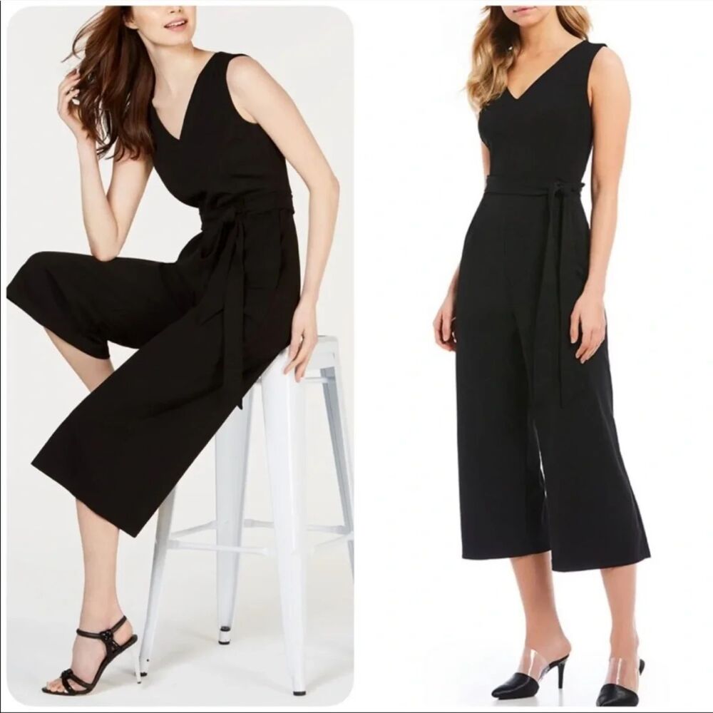 Calvin Klein Black Sleeveless V-Neck Tie Waist Wide Leg Jumpsuit Size 8